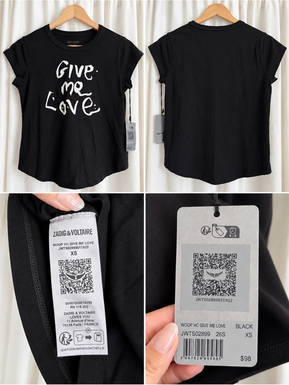 Zadig & Voltaire Woop Give Me Love Graphic Tee Black XS NWT $98